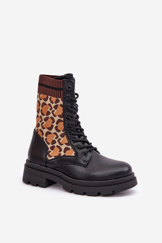 Schwarze Ankle-Boots mit Leopardenmuster und Sockeneinsatz