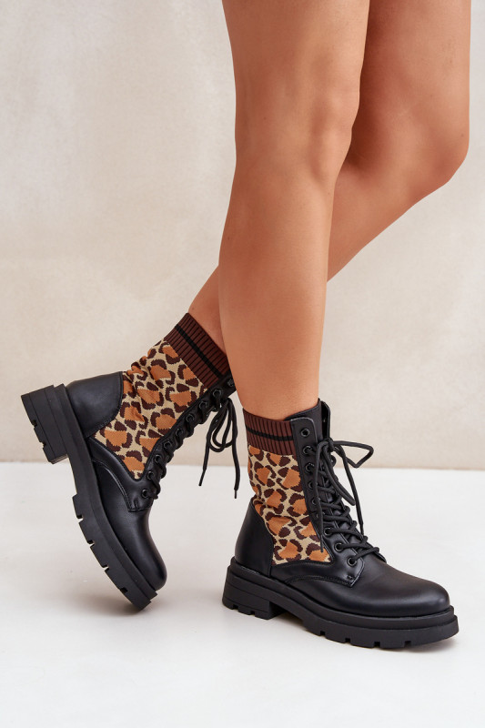 Schwarze Ankle-Boots mit Leopardenmuster und Sockeneinsatz