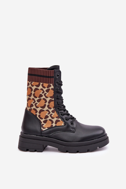 Schwarze Ankle-Boots mit Leopardenmuster und Sockeneinsatz