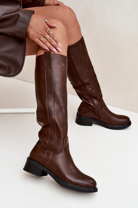 Braune Overknee-Stiefel aus Kunstleder mit niedrigem Blockabsatz