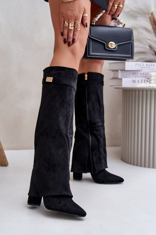 Schwarze Overknee-Stiefel aus Velourslederimitat mit Blockabsatz und umgeschlagenem Schaft