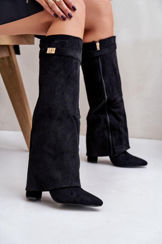 Schwarze Overknee-Stiefel aus Velourslederimitat mit Blockabsatz und umgeschlagenem Schaft