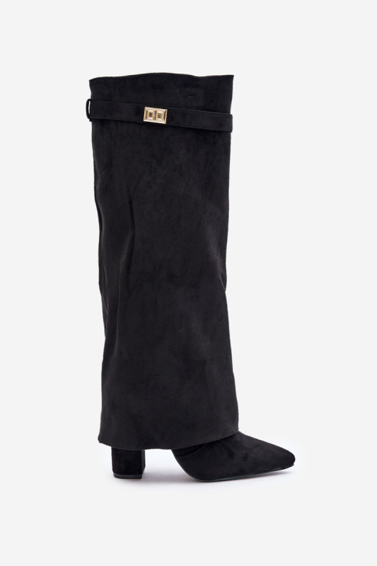 Schwarze Overknee-Stiefel aus Velourslederimitat mit Blockabsatz und umgeschlagenem Schaft