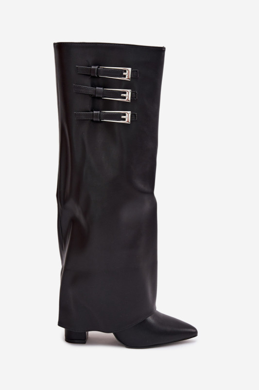 Schwarze Stiefel mit Blockabsatz, umgeschlagenem Schaft und Riemen mit Schnallen