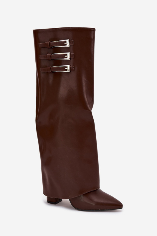Stiefel mit Blockabsatz, umgeschlagenem Schaft und Riemen mit Schnallen, braun