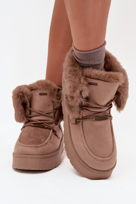 Snowboots auf Plateausohle mit Kunstfell und Schnürung, beige