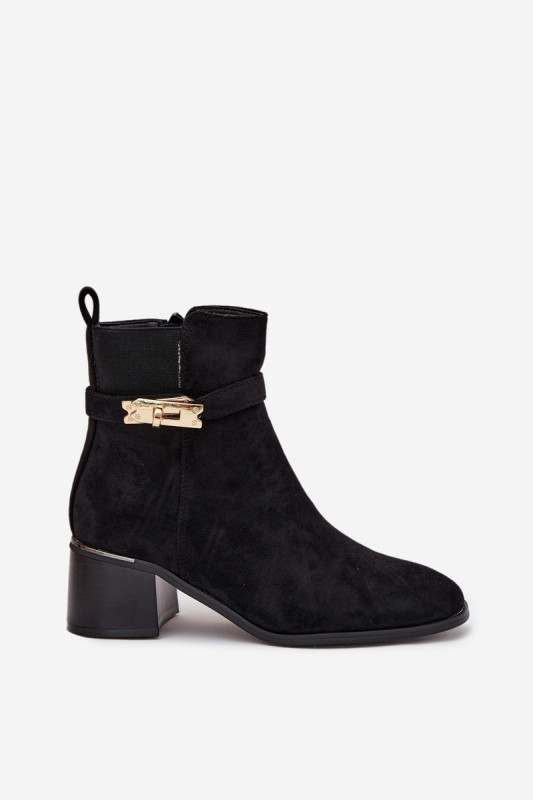 Gefütterte schwarze Stiefelette mit goldener Verzierung und Blockabsatz