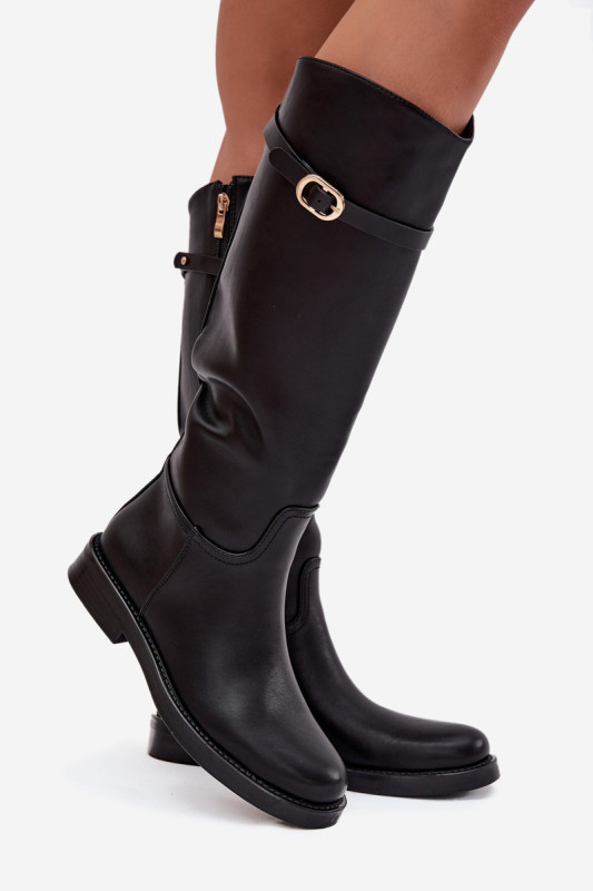 Schwarze Overknee-Stiefel mit flachem Absatz und goldener Schnalle