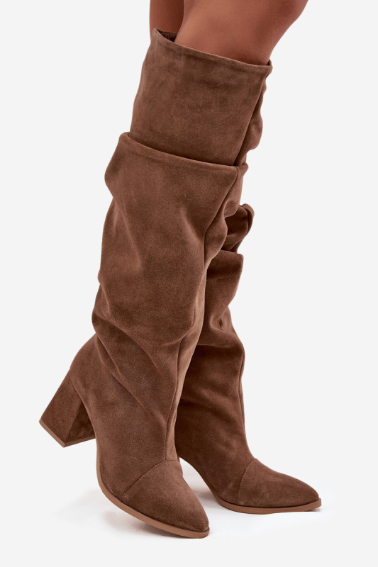 Overknee-Stiefel aus Veloursleder mit Blockabsatz, braun