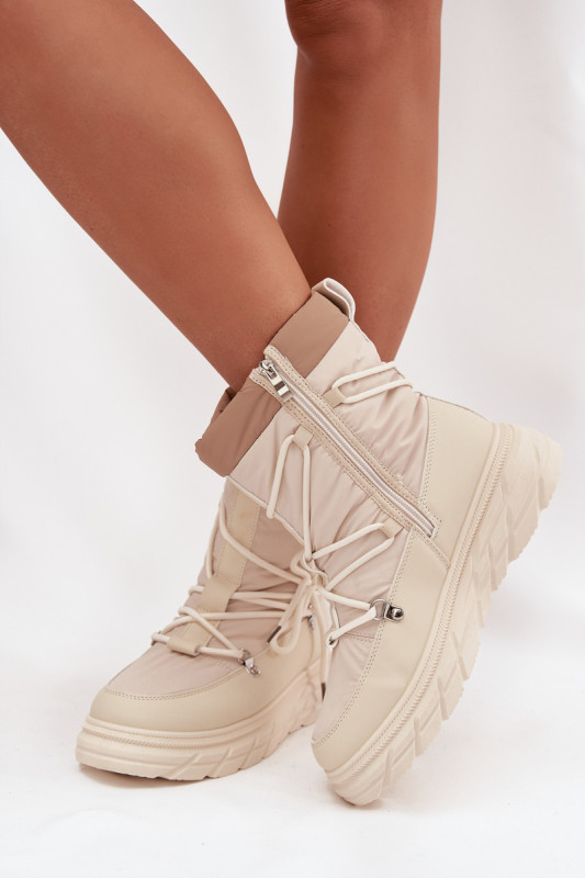 Beige Schneestiefel mit Reißverschluss und Fellfutter