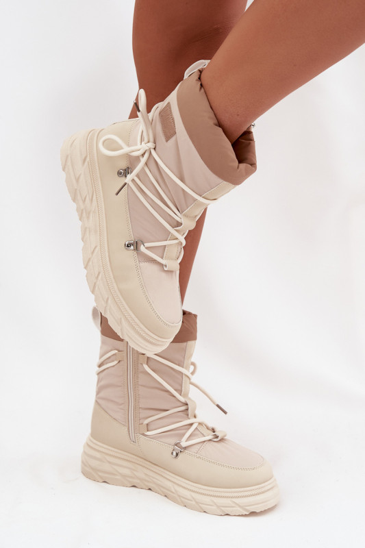 Beige Schneestiefel mit Reißverschluss und Fellfutter