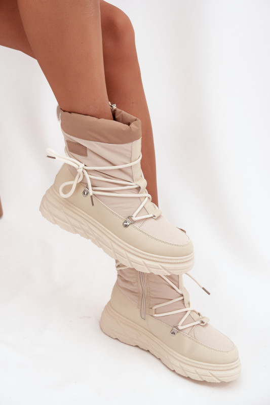 Beige Schneestiefel mit Reißverschluss und Fellfutter