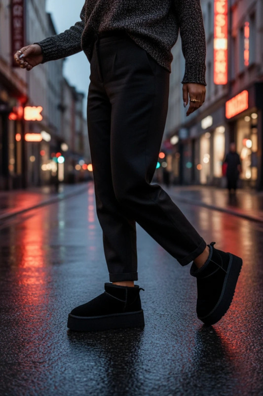 Schwarze Damen-Snowboots aus echtem Veloursleder