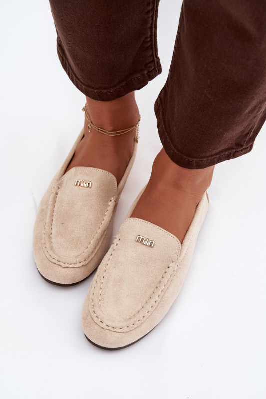 Beige Mokassins aus Velourslederimitat mit goldenem Detail