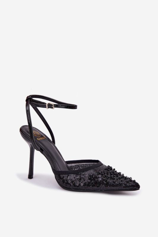 Schwarze Sandale mit Stiletto-Absatz und Verzierungen