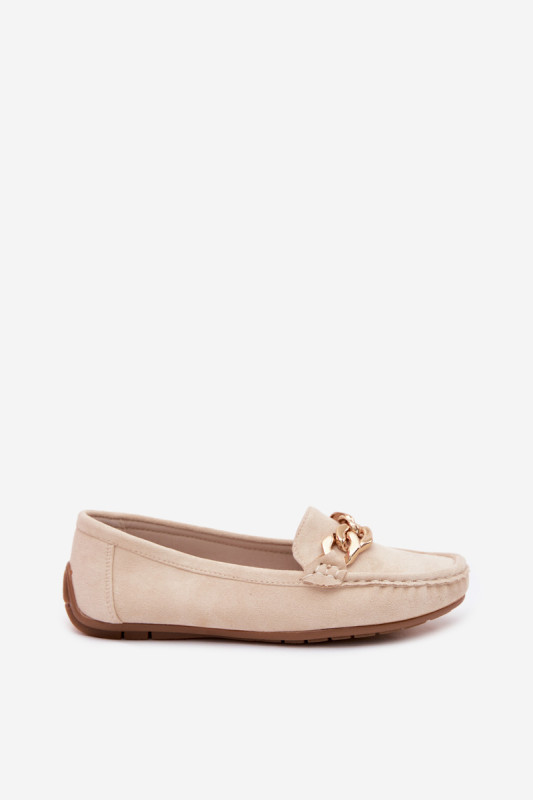 Beige Mokassins mit goldener Kette aus Wildlederimitat