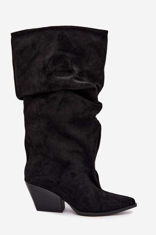 Stiefeletten aus Veloursleder mit gerafftem Schaft und Absatz, schwarz