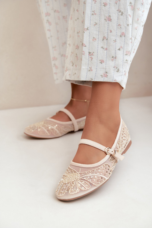 Beige Ballerinas aus Mesh mit Stickerei und Pailletten