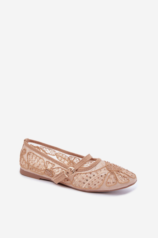 Netz-Ballerina mit Stickerei und Pailletten beige