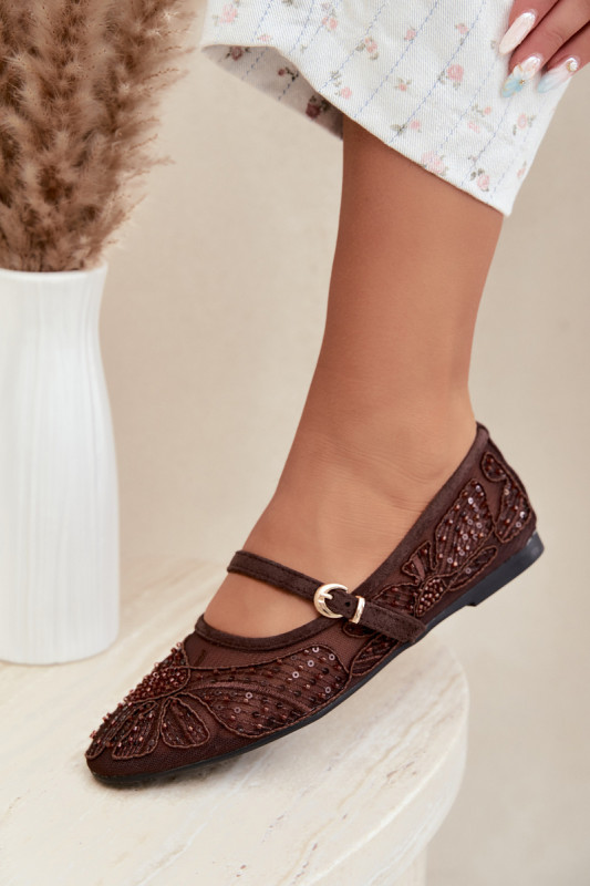 Netz-Ballerina mit Stickerei und Pailletten, braun