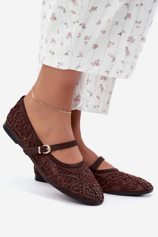 Netz-Ballerina mit Stickerei und Pailletten, braun