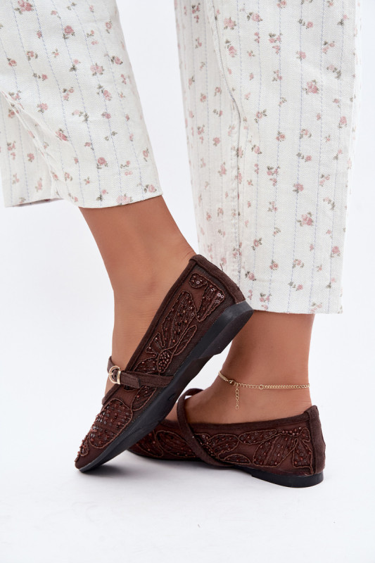 Netz-Ballerina mit Stickerei und Pailletten, braun