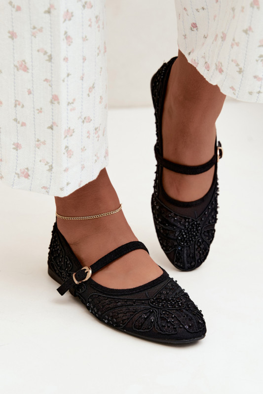 Schwarze Ballerina mit Mesh, Stickerei und Pailletten