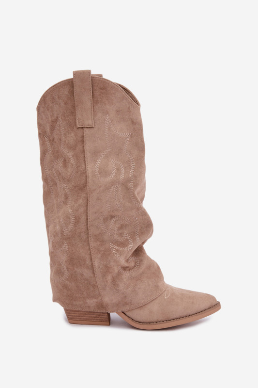 Beige Western-Stiefelette mit umgeschlagenem Schaft und Blockabsatz