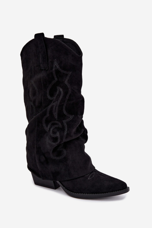 Schwarze Cowboy-Stiefelette aus Velourslederimitat mit umgeschlagenem Schaft und Blockabsatz