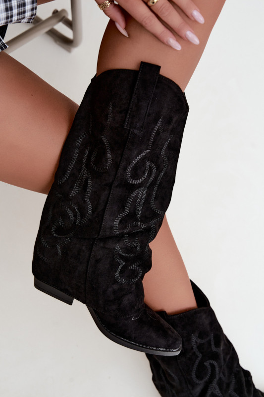 Schwarze Cowboy-Stiefelette aus Velourslederimitat mit umgeschlagenem Schaft und Blockabsatz