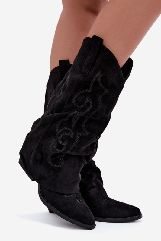 Schwarze Cowboy-Stiefelette aus Velourslederimitat mit umgeschlagenem Schaft und Blockabsatz
