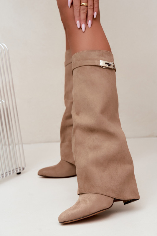 Beige gefütterte Stiefelette mit umgeschlagenem Schaft und Blockabsatz