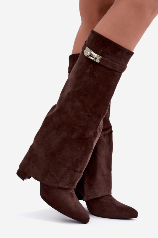 Gefütterte Damenstiefel mit umgeschlagenem Schaft und Blockabsatz, braun