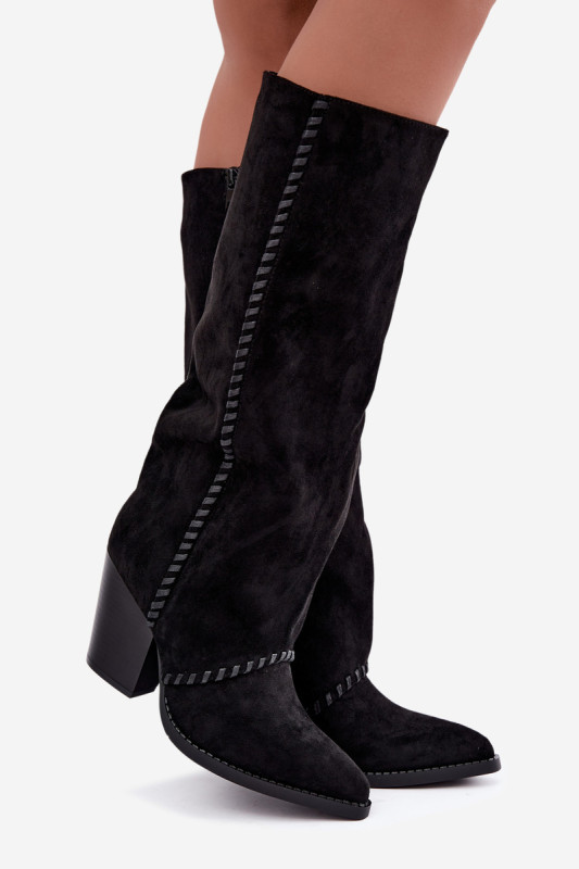 Schwarze Cowboy-Stiefelette aus Velourslederimitat mit Blockabsatz und Reißverschluss