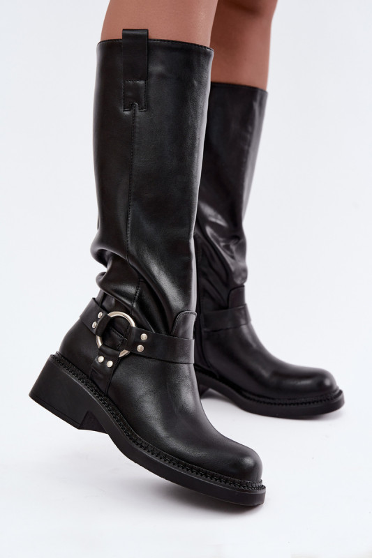 Schwarze Overknee-Stiefel mit dekorativem Detail und Reißverschluss