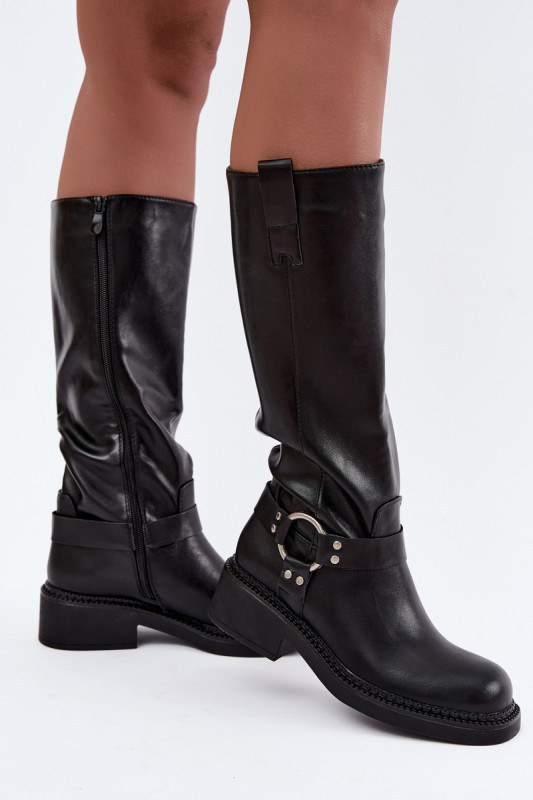 Schwarze Overknee-Stiefel mit dekorativem Detail und Reißverschluss