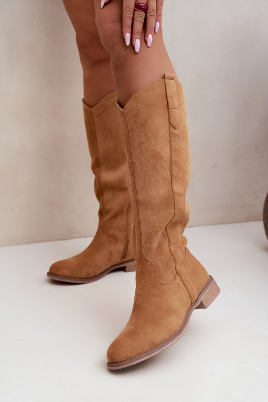 Overknee-Stiefel aus braunem Velourslederimitat mit flachem Absatz