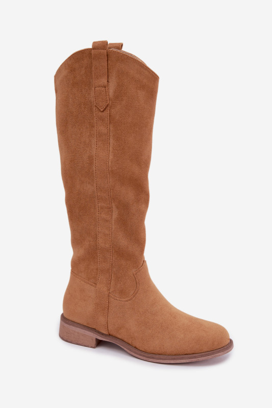 Overknee-Stiefel aus braunem Velourslederimitat mit flachem Absatz