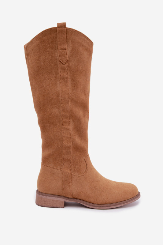 Overknee-Stiefel aus braunem Velourslederimitat mit flachem Absatz