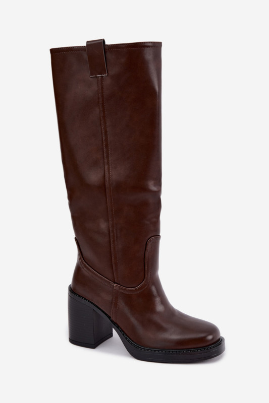 Gefütterte braune Stiefel mit Blockabsatz aus Kunstleder