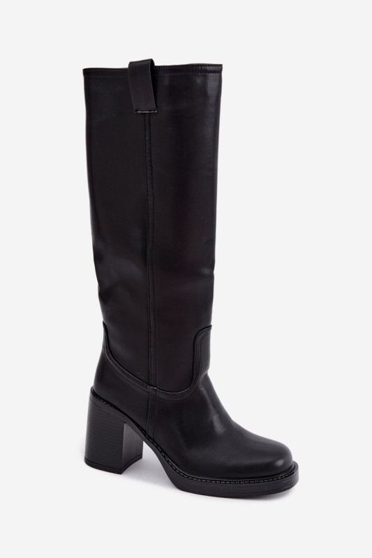 Gefütterte schwarze Stiefel mit Blockabsatz aus Kunstleder