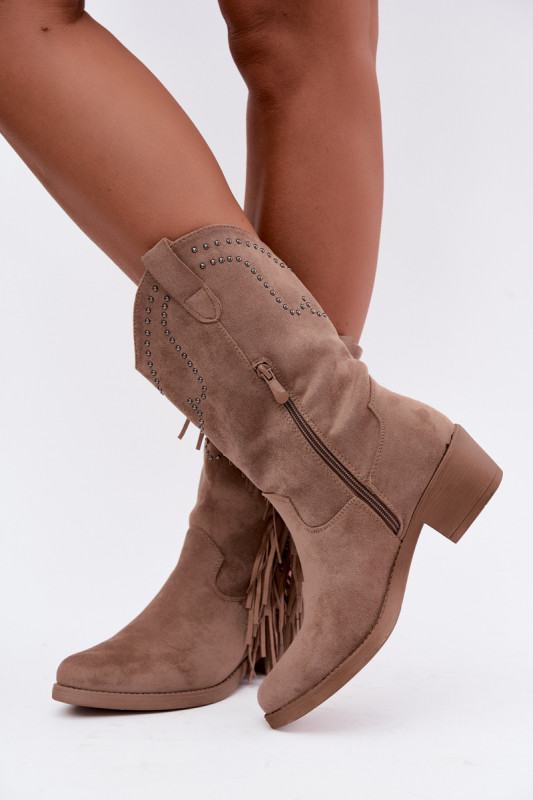 Beige Stiefelette mit Fransen und Absatzverzierung