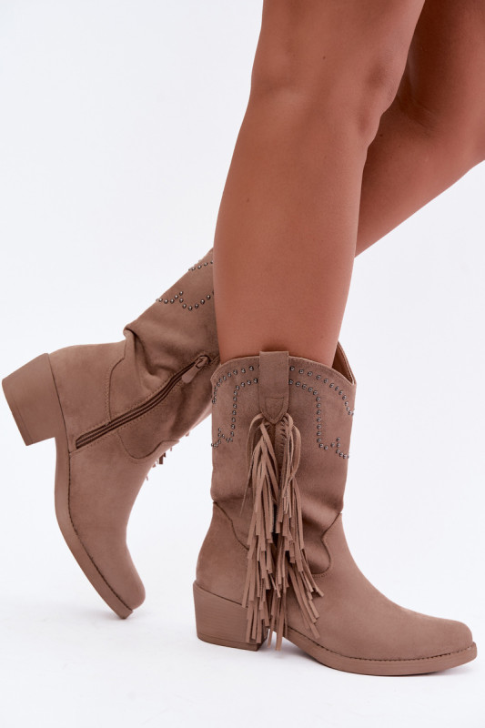 Beige Stiefelette mit Fransen und Absatzverzierung