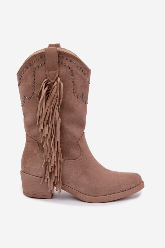 Beige Stiefelette mit Fransen und Absatzverzierung
