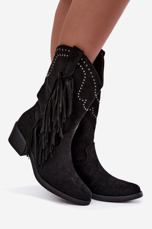 Schwarze Ankle Boots mit Fransen und Absatzverzierung