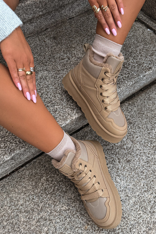Schnür-Snowboots mit Fell beige