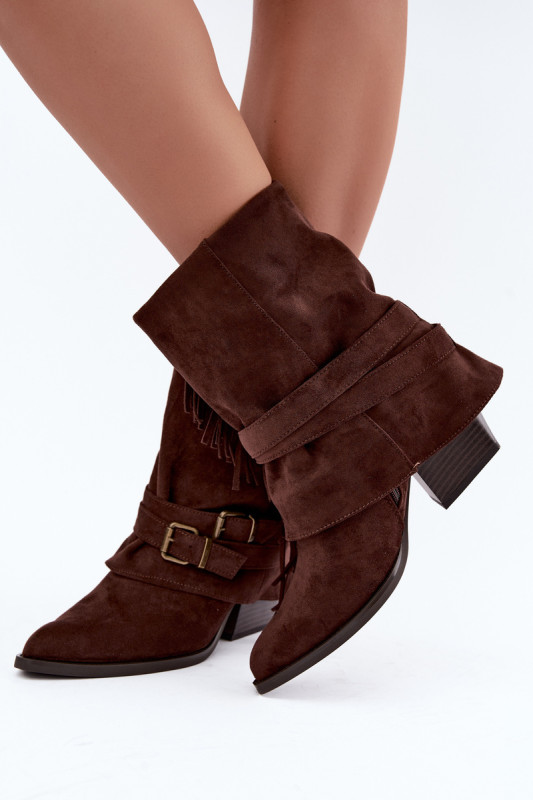 Cowboy-Stiefelette mit Blockabsatz, Fransen und umgeschlagenem Schaft, braun