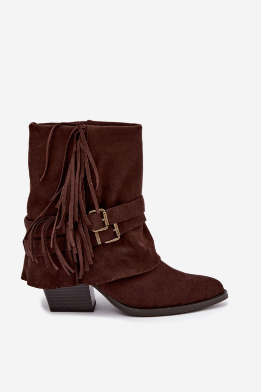 Cowboy-Stiefelette mit Blockabsatz, Fransen und umgeschlagenem Schaft, braun