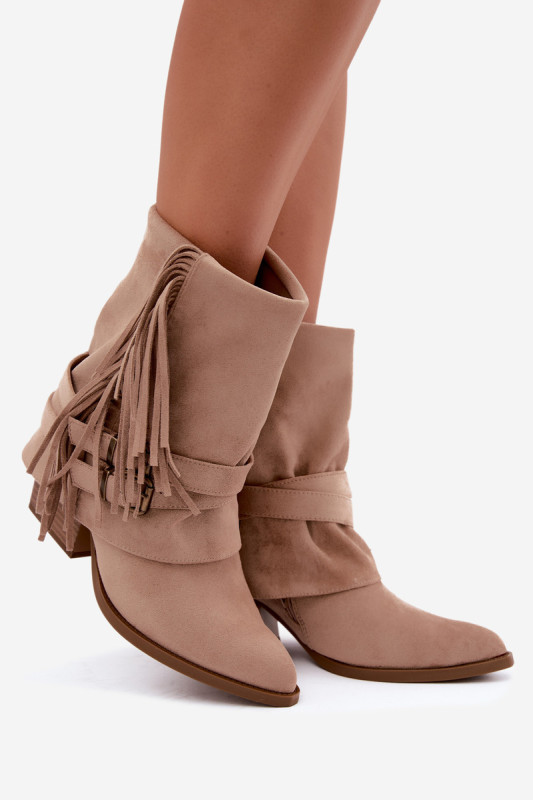 Beige Stiefelette mit umgeschlagenem Schaft und Fransen