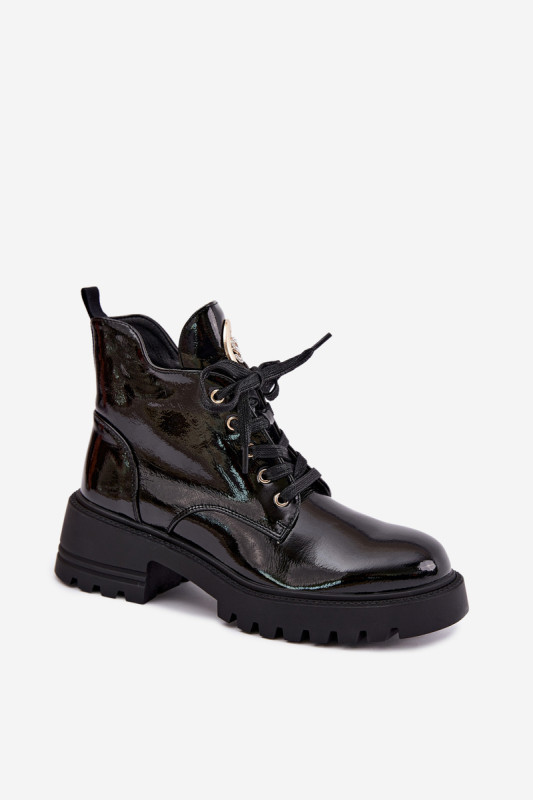 Lackierte gefütterte Stiefelette mit goldenem Detail schwarz